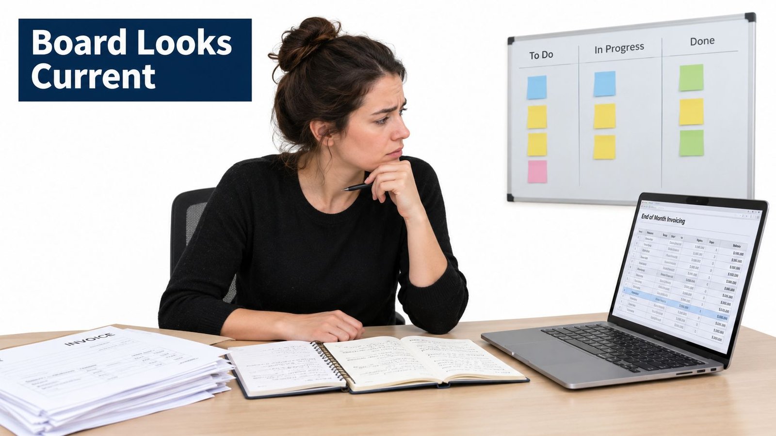 A professional woman thoughtfully analyzing project data on her laptop screen while sitting at her office desk.