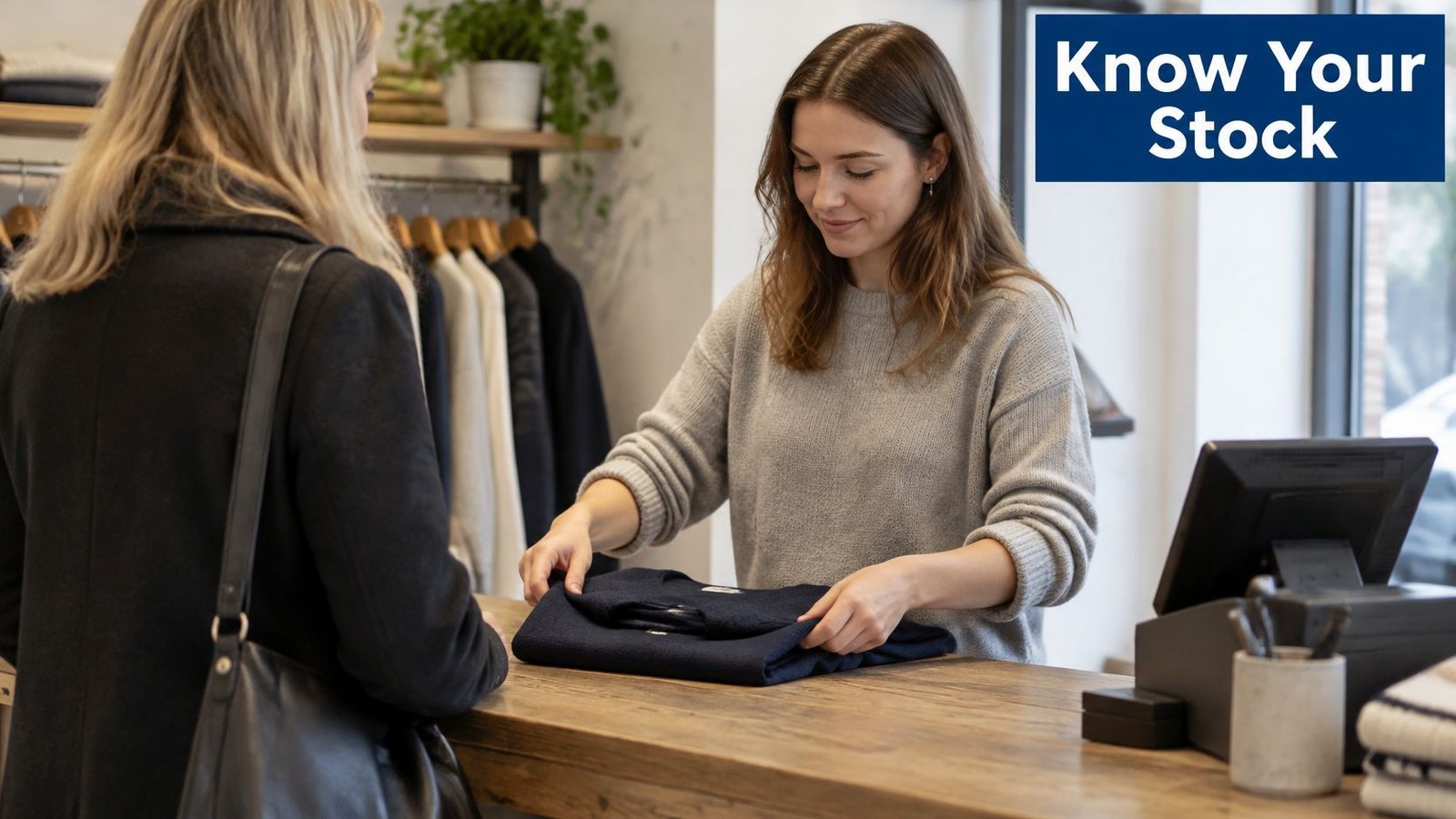 A store employee folding a navy blue sweater on a wooden counter for a customer in a boutique.