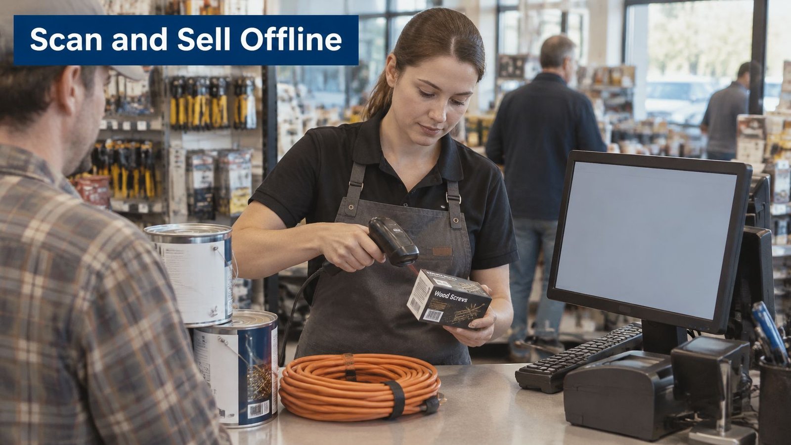 A store clerk scans a box of wood screws while a customer waits at the checkout counter.