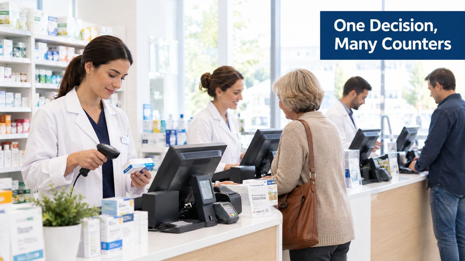 Pharmacists assisting customers at a busy modern pharmacy counter using POS software to process medication sales.
