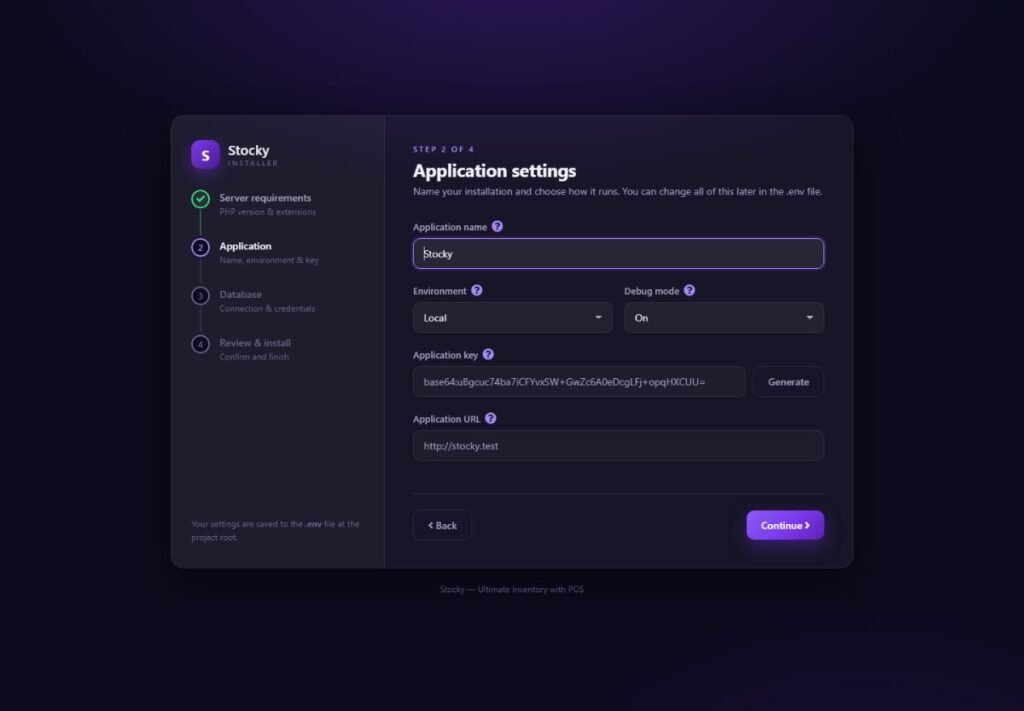 Stocky installer step 2: application name, environment, debug mode, key and URL