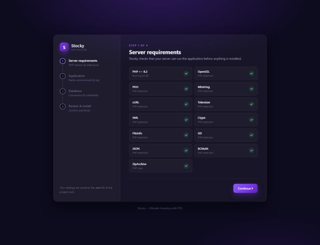 Stocky installer step 1: every server requirement is checked and shown green