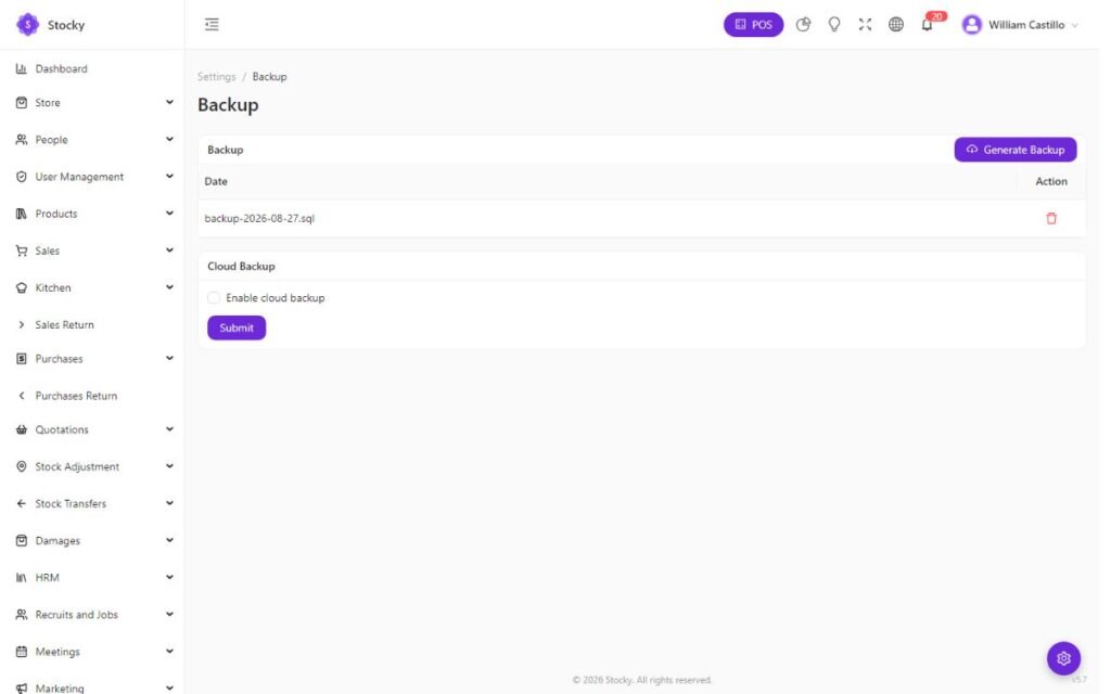 Stocky Settings Backup page with a generate backup button and a list of dumps