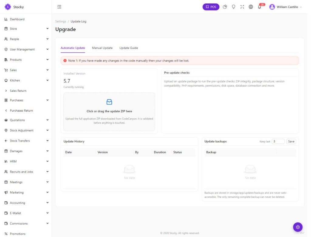 Stocky Settings Update page with the upload area for the new version ZIP and the pre-update checks
